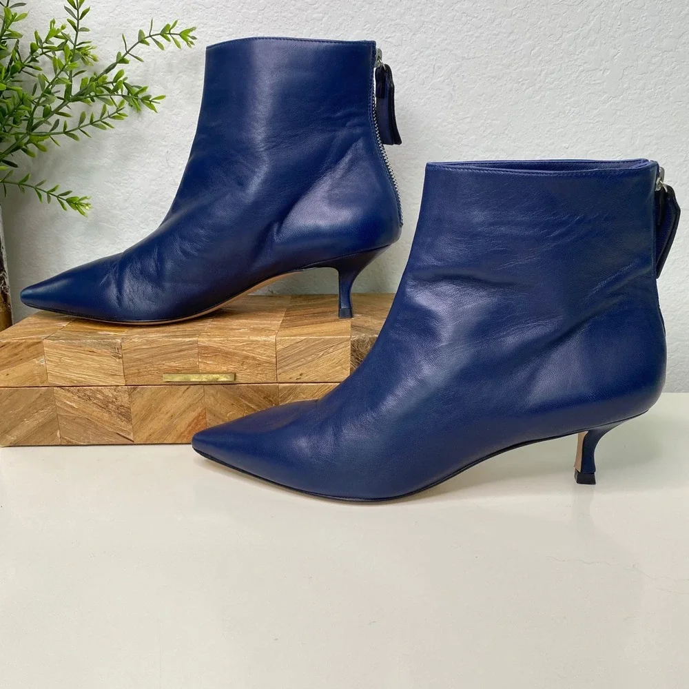 Stuart Weitzman Booties Royal Blue Leather Pointed Toe Kitten Heel Ankle Boots 9